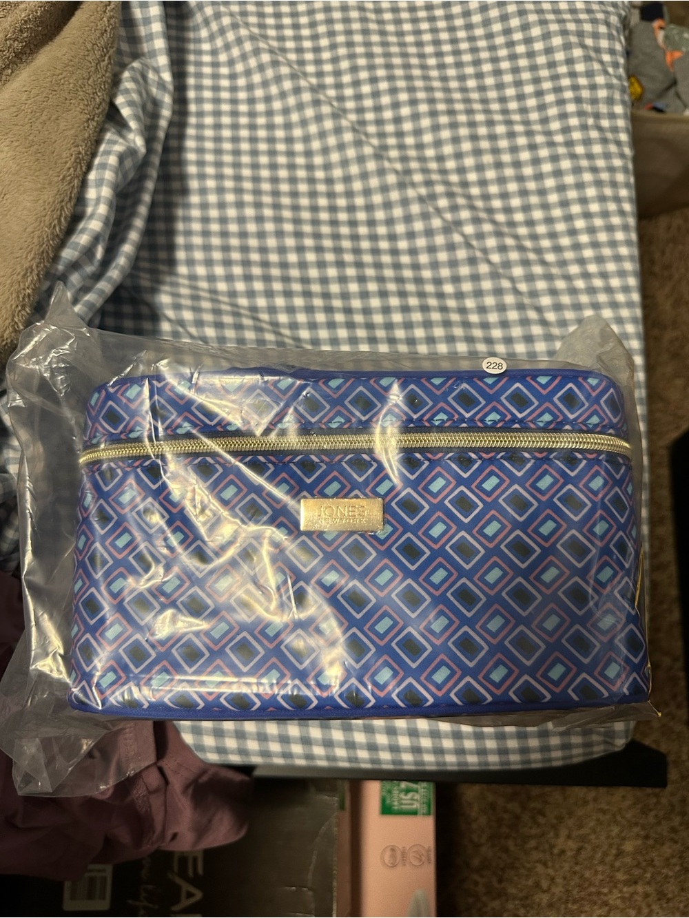 Jones New York Blue Geometric Cosmetic Bag with Gold Trim